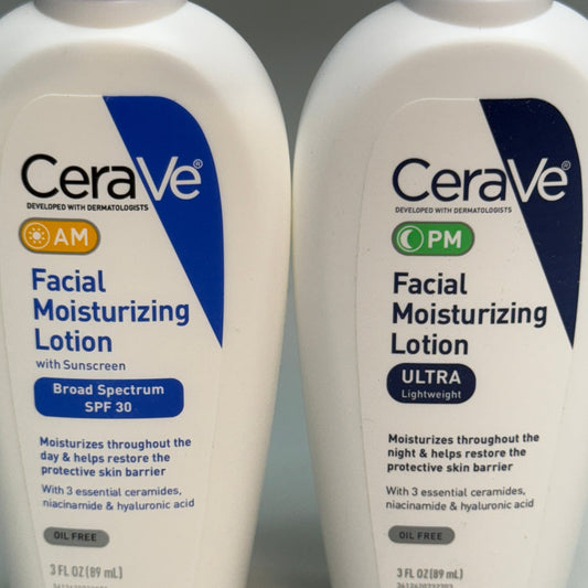 CERAVE (2 PACK, 3 oz Each) AM + PM Facial Moisturizing Lotion w/ SPF 30 BB 01/27