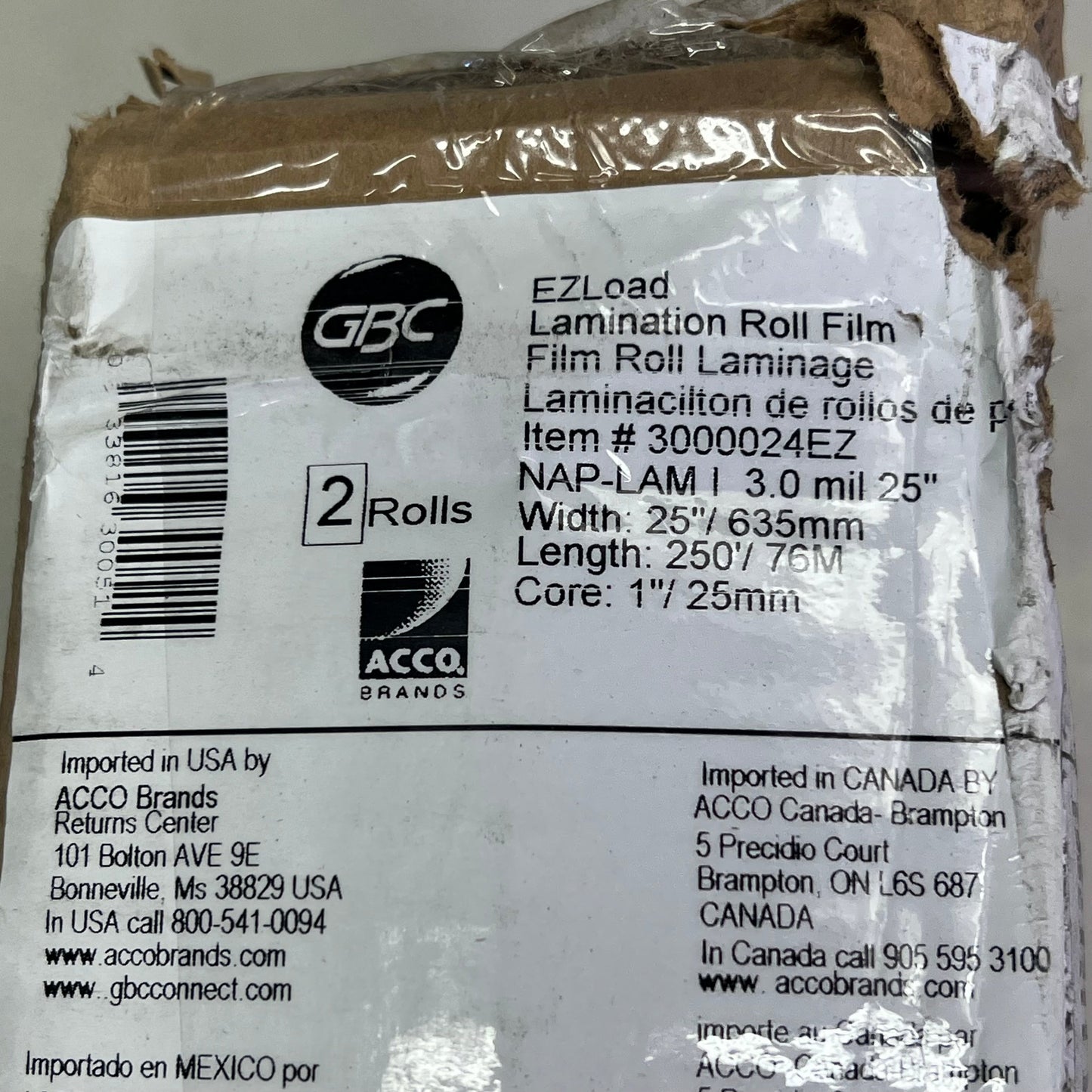 GBC (2 PACK) EZLoad NAP II Laminating Roll Film Gloss 25"x250' 3mil 3000024EZ (New)