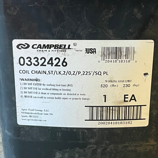 CAMPBELL Straight Link Coil Chain #2/0, 225 ft L, 520 lb Working Load 0332426