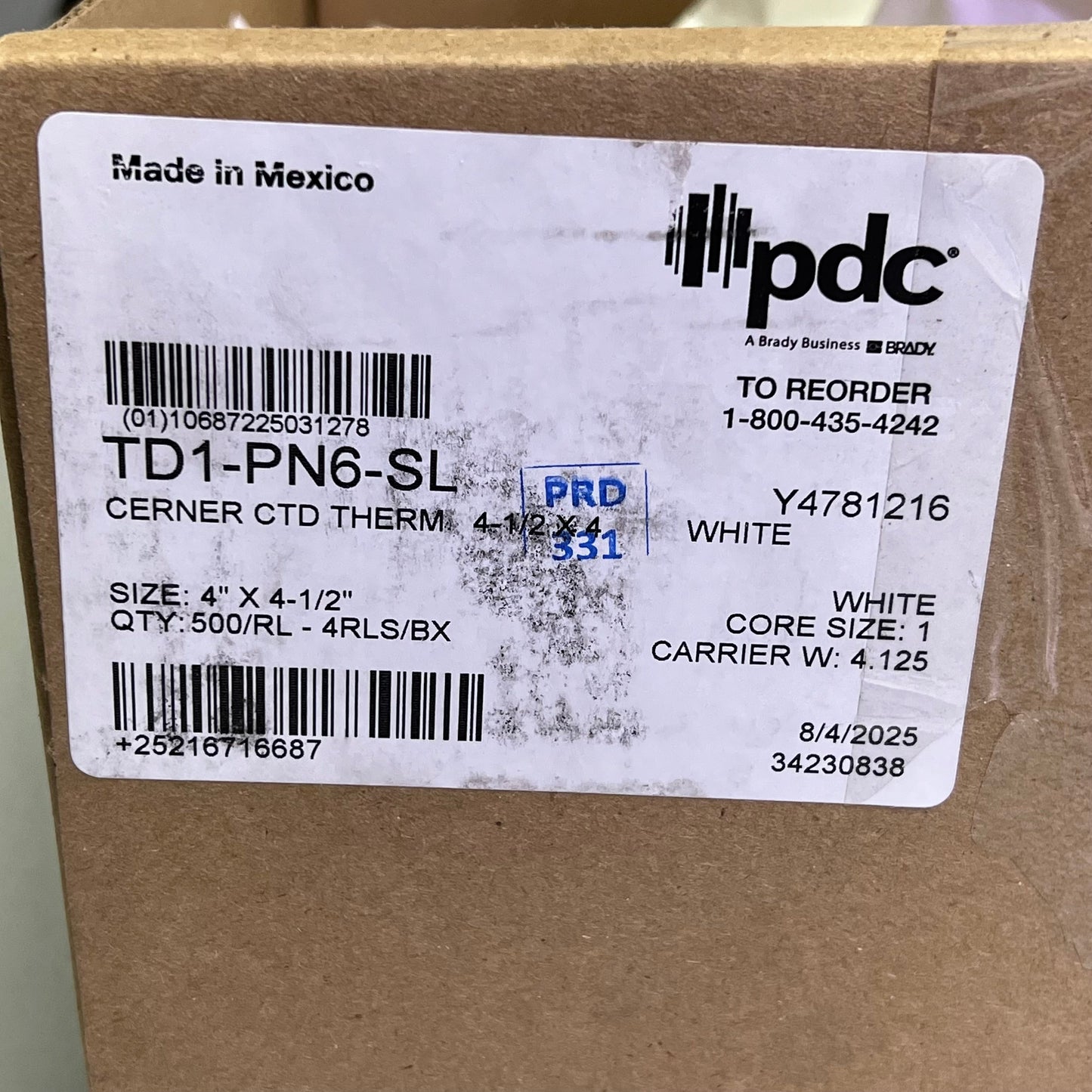 PDC (4 PACK, 500 PER ROLL) Direct Thermal Paper Label Cerner 1" Core TD1-PN6-SL