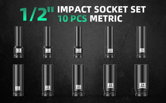 Professional Socket Set Wrench Kit, 10-Piece Metric 10-12-13-14-15-17-19-21-22-24mm, High-Torque C-V Steel Sockets for Automotive, Home Repair & DIY Projects