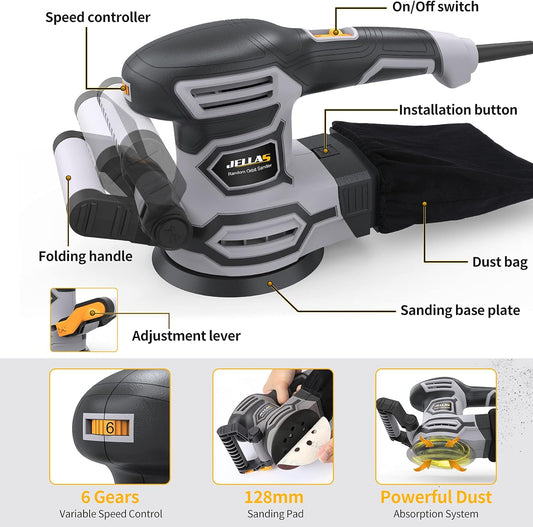 3.8A(450W) Orbital Sander, Jellas 6 Variable Speeds Double Handle Random Orbit Sander, 5-Inch Electric Sander with 18pcs Sandpapers, Dust Collector, Ideal Power Sander for Woodworking(OS450)