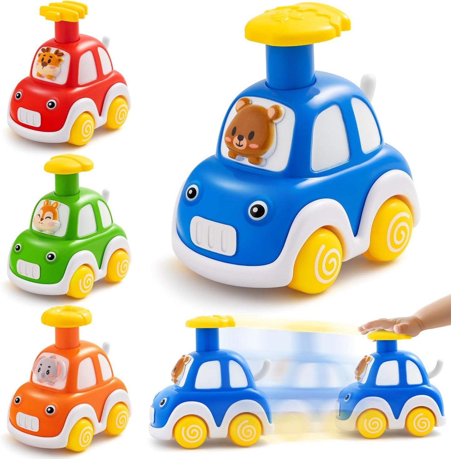 Press and Go Car Toys for Toddlers 1-3, 4 Pack Animal Baby Car Toys for 1 2 Year Old Boy, Push Go Friction Vehicle Toys for Infants 6-9-12-18 Months, One First Birthday Gifts for Boys Girls