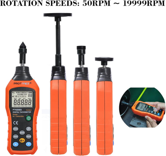 PT6208A Digital Contact Tachometer, Contact Measurement Speed Tach Meter, 50-19999RPM Speed Meter, Contact Tach RPM Meter with 100 Groups Data Logging, Data Hold, Max/Min/AVG, Backlight
