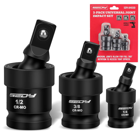 Impact Universal Joint-Socket Swivel Set: 3-Piece 1/2", 3/8", 1/4" Flexible Socket Swivel Set Premium CR-MO Steel U Joint Adapter Wobble