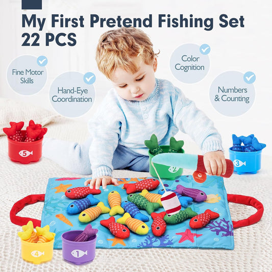 hahaland Toddler Toys Montessori Toys for 1 Year Old Boy Girl Birthday Gift - 10 in 1 Cloth Fishing Game Christmas Toddler Gifts 1-3 with Stacking Cups - Number Counting, Color Sorting Learning