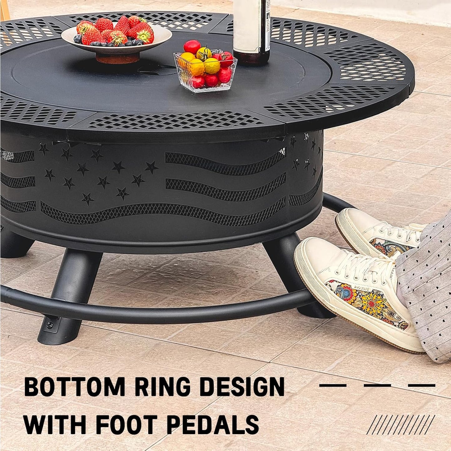 7DAY'S 36/42/47 Inch Fire Pit with 2 Cooking Grates, Outdoor Wood Burning BBQ Grill Firepit Bowl with Cover Lid, Steel Round Table for Backyard Bonfire Patio Picnic