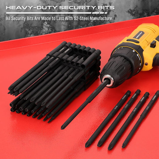 Extra Long Security Bit Set: 32-Piece S2 Steel Screwdriver Drill Bits for Tamper-Proof Screws, 6" Torx, PoziDriv, Spanner, Tri-Wing - Universal 1/4" Hex Shank for Electric, Impact Drills