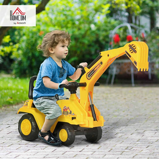 HOMCOM Ride On Excavator Pull Cart, Kids Digger Ride on Truck with Horn, Under Seat Storage, Sit and Scoot Pretend Play Toy Construction Car for Ages 18-48 Months