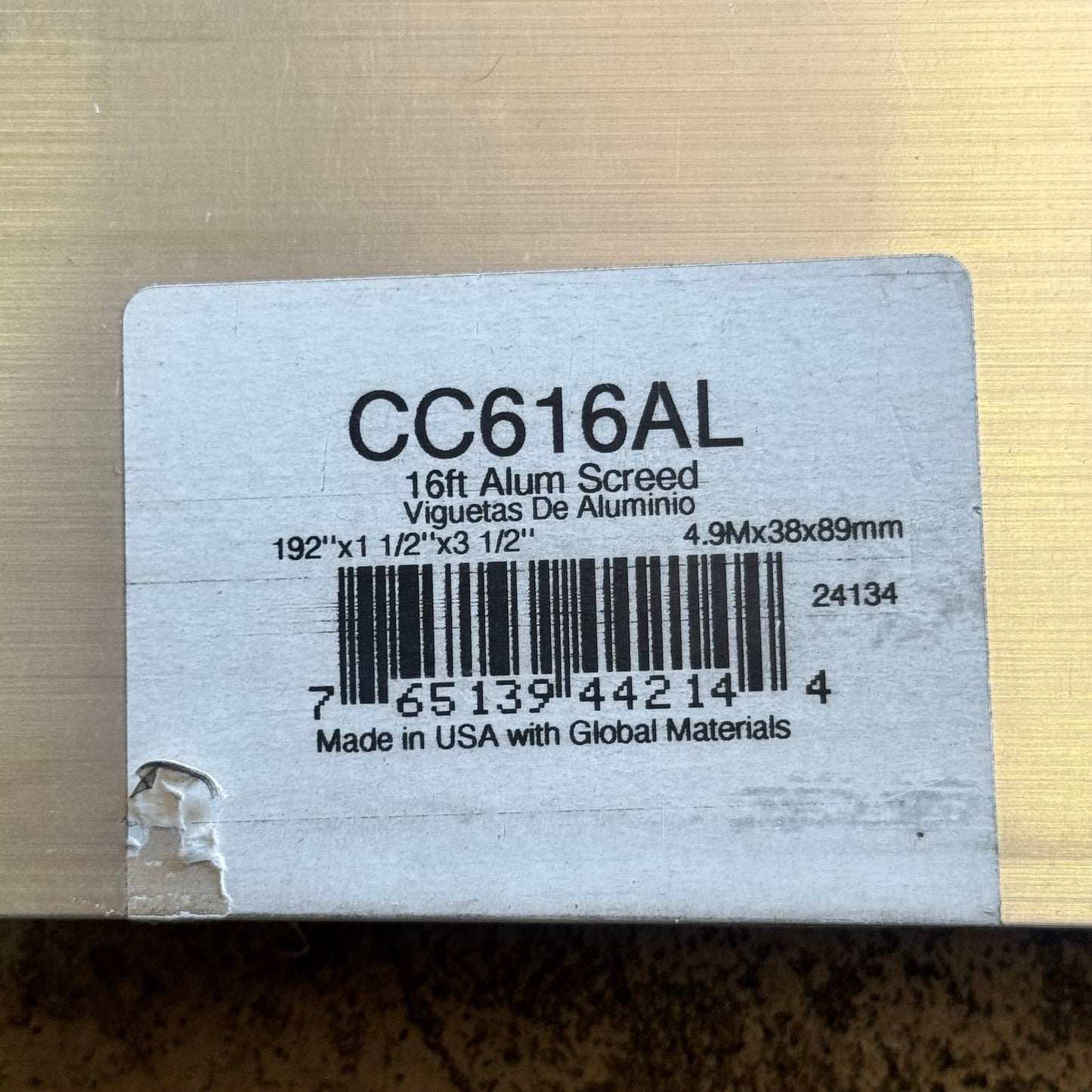 KRAFT TOOL CO. ALUMINUM Screed 192”x1 1/2”x3 1/2” CC616AL