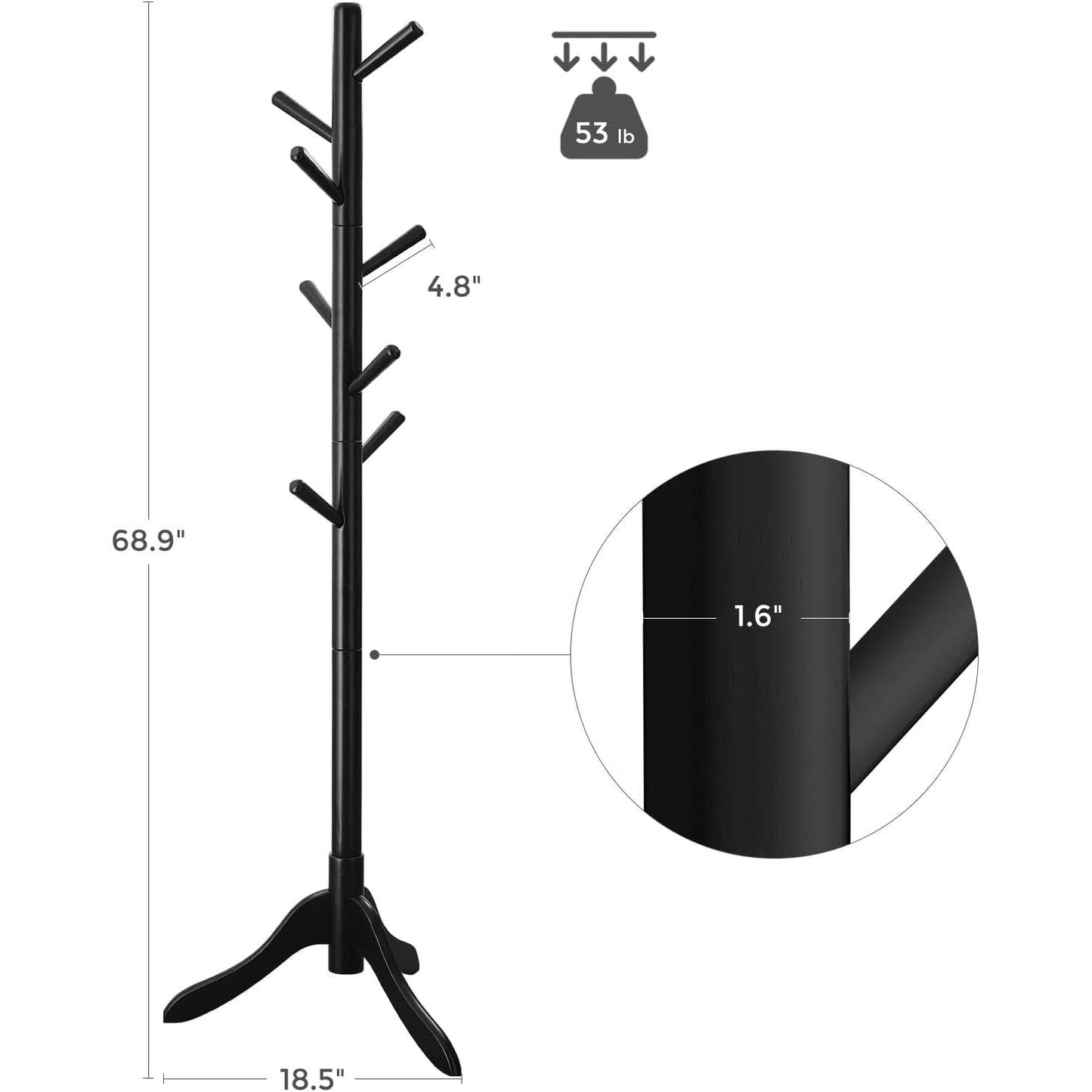 Space Saving Solid Wood Modern Coat Rack in Black Finish