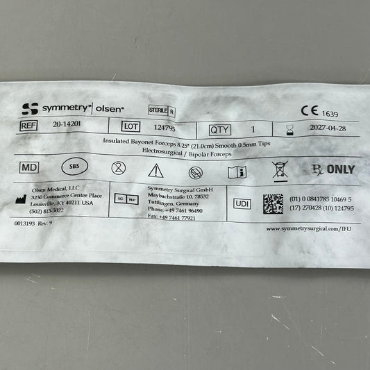 SYMMETRY OLSEN Insulated Bayonet Smooth Tip Forcep 8.25" Blue 20-1420I