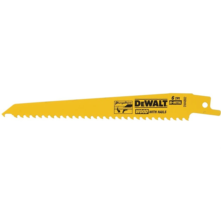DEWALT DW4802 Wood Cutting 6" 6 TPI Taper Back Bi-Metal Reciprocating Saw Blade (5 Pk)