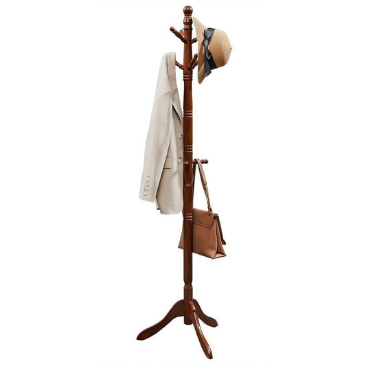 Adjustable Height Solid Wood Coat Rack with 10 Hooks in Dark Brown Finish