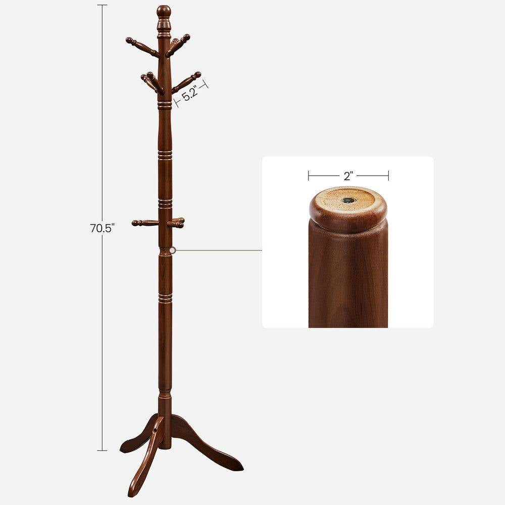 Adjustable Height Solid Wood Coat Rack with 10 Hooks in Dark Brown Finish