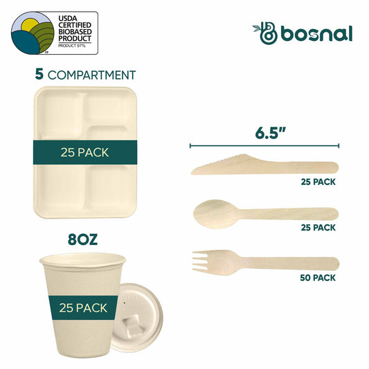 Bosnal – Sugarcane Bagasse Compostable 5-Compartment Trays & 8 Oz Cups with Lids & Cutlery