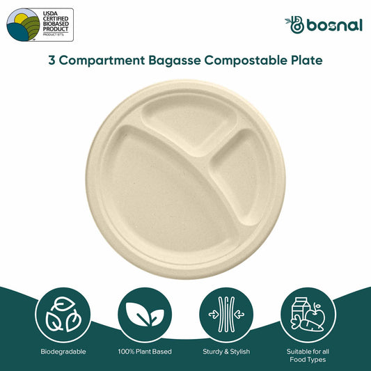 Bosnal - Sugarcane Bagasse Compostable Plates, 10 inch 3-Compartment, Round