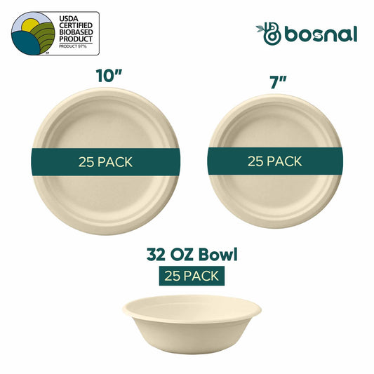 Bosnal – Sugarcane Bagasse Compostable 10 inch & 7 inch Round Plates with 32 Oz Bowls
