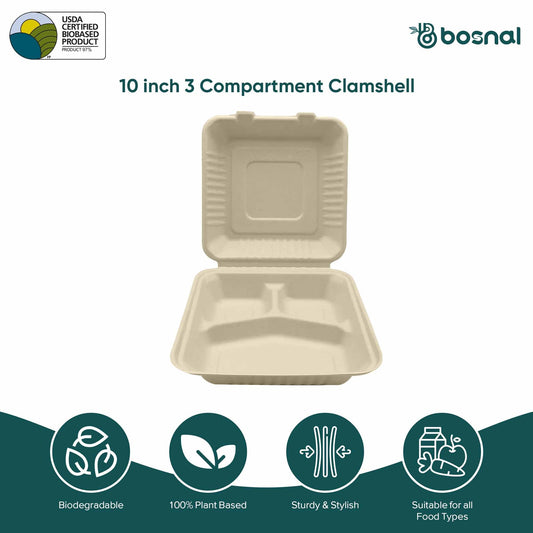 Bosnal - Sugarcane Bagasse Compostable 9 Inch 3-Compartment Clamshell - Case of 8 (200 Pcs)