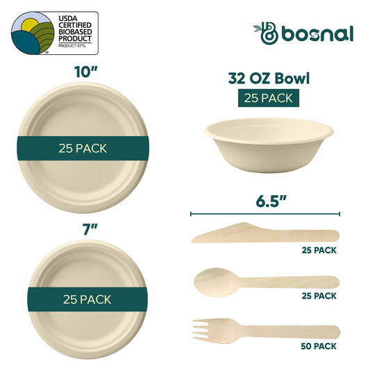 Bosnal – Sugarcane Bagasse Compostable 10 inch & 7 inch Round Plates, 32 Oz Bowls with Cutlery