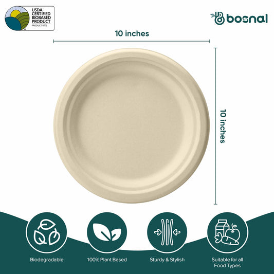 Bosnal - Sugarcane Bagasse Compostable Plates, 10 inch, Round