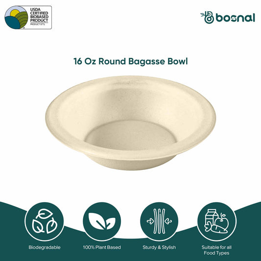 Bosnal - Sugarcane Bagasse Compostable 16 Oz Round Bowls - Case of 20 (500 Pcs)