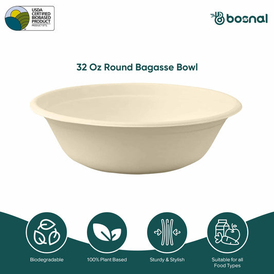 Bosnal - Sugarcane Bagasse Compostable 32 Oz Round Bowls - Case of 16 (400 Pcs)