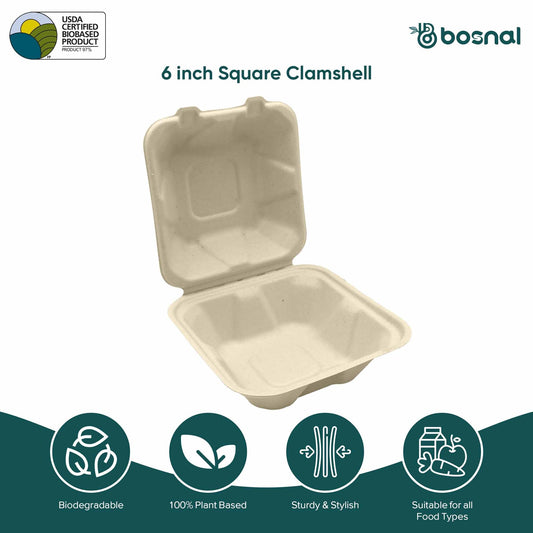 Bosnal - Sugarcane Bagasse Compostable 6inch Square Clamshell Containers - Case of 20 (500 Pcs)