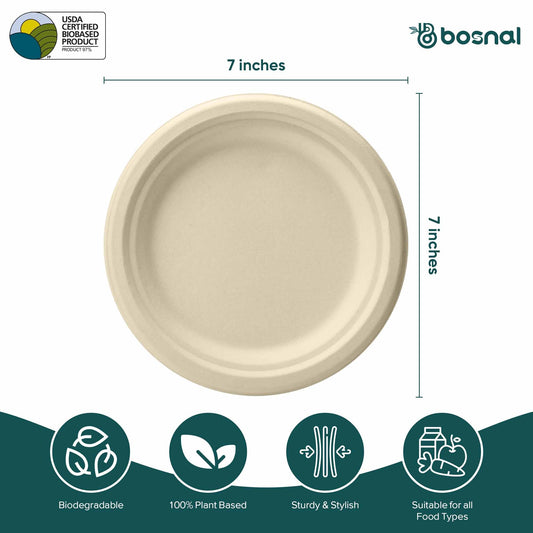 Bosnal - Sugarcane Bagasse Compostable 7 inch Round Plates - Case of 20 (500 Pcs)