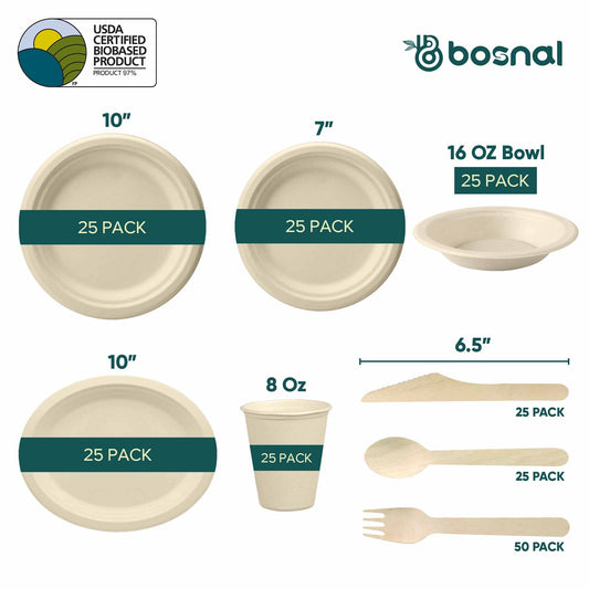 Bosnal – Sugarcane Bagasse Compostable 10 inch & 7 inch Round Plates, 10 inch Oval Plates, 16 Oz Bowls, 8 Oz Cups with Lids & Cutlery