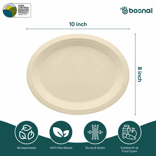 Bosnal - Sugarcane Bagasse Compostable Plates, 10 inch, Oval