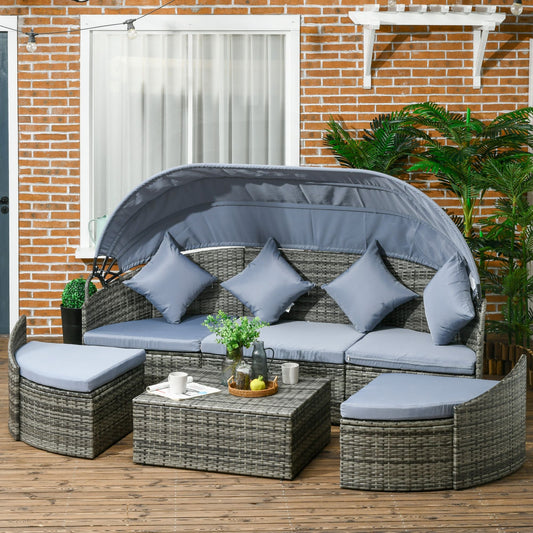 Rattan Daybed with Canopy, Convertible Sectional, Light Grey for Outdoor Use