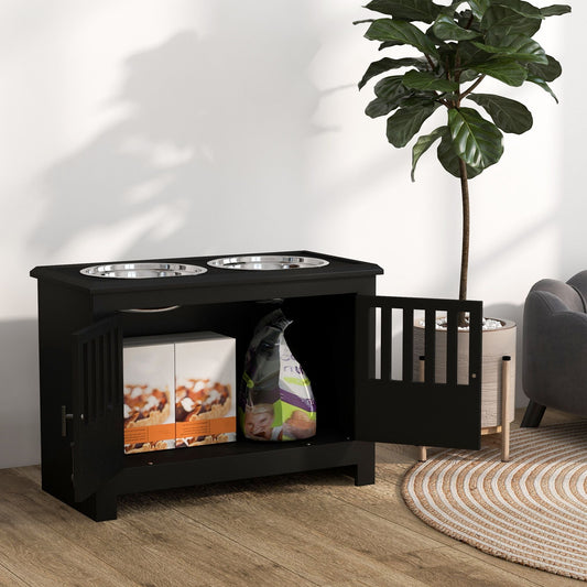 PawHut Large Elevated Dog Bowls with Storage Cabinet Containing Large 37L Capacity, Raised Dog Bowl Stand Pet Food Bowl Dog Feeding Station, Black