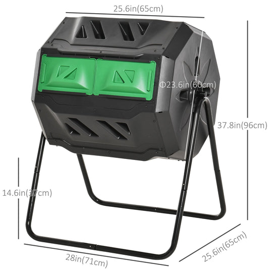 Tumbling Compost Bin Outdoor Dual Chamber 360° Rotating Composter 43 Gallon w/ Sliding Doors & Solid Steel Frame, Green