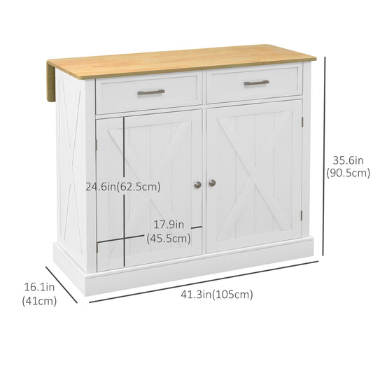 Rolling Kitchen Island with Drop Leaf Wood Breakfast Bar, Farmhouse Kitchen Cart with 2 Drawers, Adjustable Shelves for Dining Room (White)