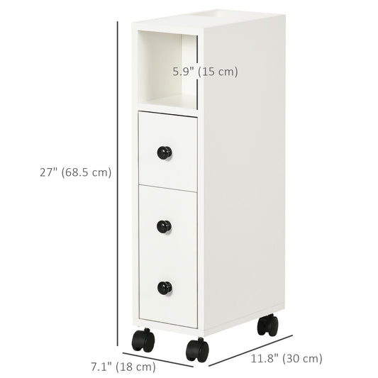 Slim Bathroom Cabinet with Wheels, Narrow Bathroom Storage Cabinet with Door, Drawer and 2 Open Compartments, White