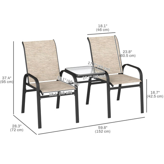 Outdoor Loveseat with Glass Table, Garden Patio Bench with Breathable Mesh Seat, High Back, Armrests, Brown
