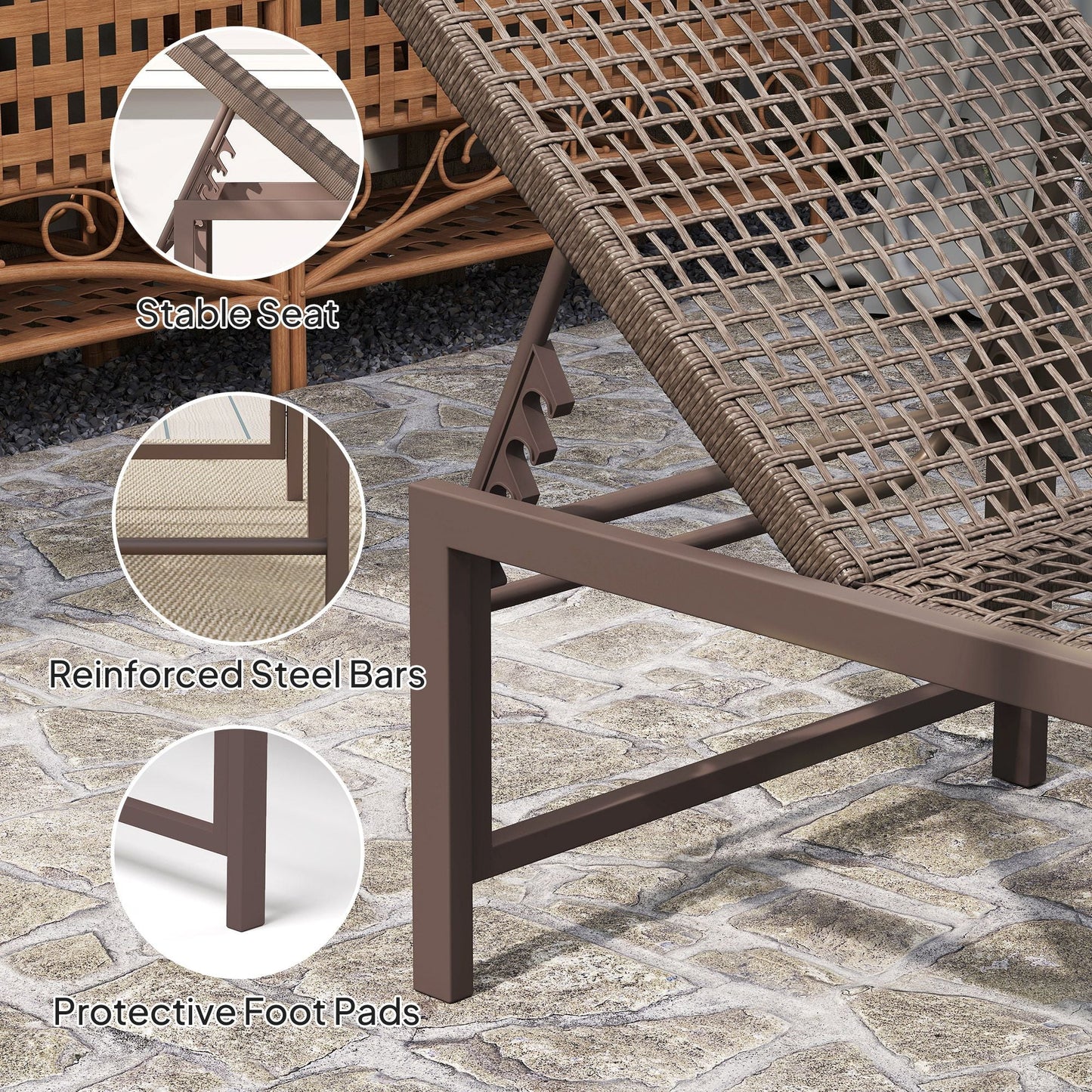 Wicker Outdoor Lounge Chair, Rattan Reclining Patio Lounger Tanning Chair with Adjustable Back, Brown