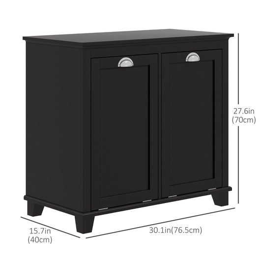 Tilt-Out Laundry Storage Cabinet, Bathroom Storage Organizer with Two-Compartment Tilt Out Hamper, Black