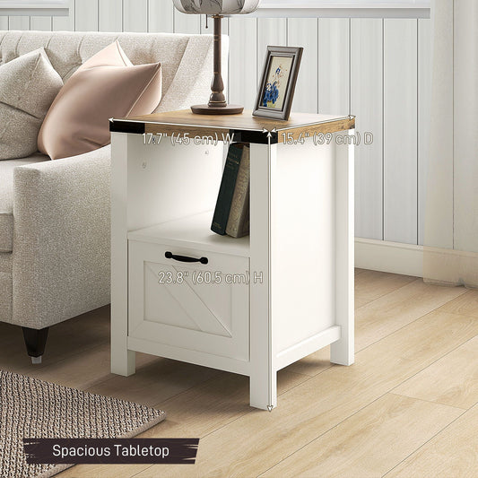 Side Table with Storage, Farmhouse End Table with Drawer, Open Shelf and Barn-style Panel, Nightstand for Living Room, Bedroom, White