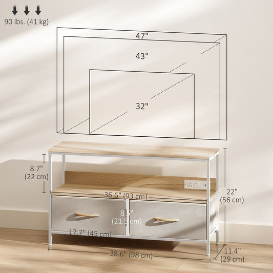 TV Stand with Charging Station, TV Table with 2 Foldable Linen Drawers and Open Shelf for 47 Inch TV, Oak