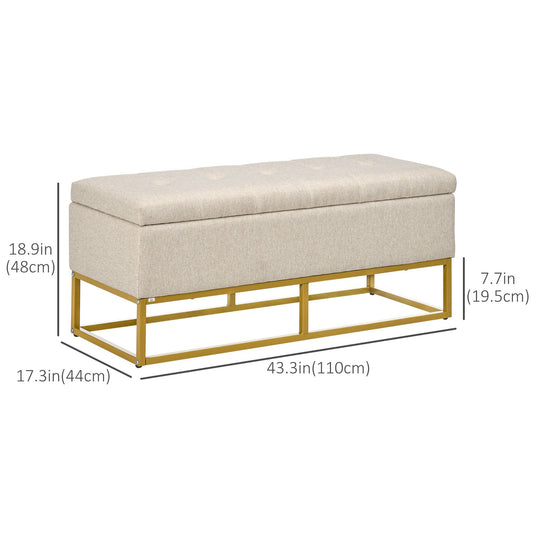 Storage Ottoman with Flip Top, Upholstered Storage Bench, Linen Fabric Footstool with Steel Legs for Living Room, Bedroom, Beige