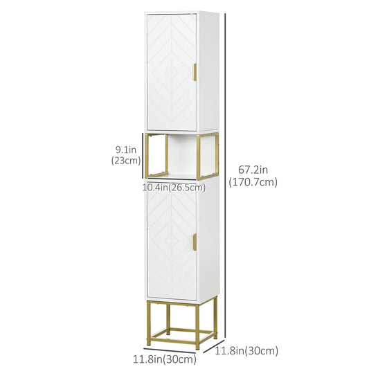 Tall Bathroom Storage Cabinet, Modern Narrow Bathroom Cabinet with Diamond Chevron Pattern and Adjustable Shelf, White