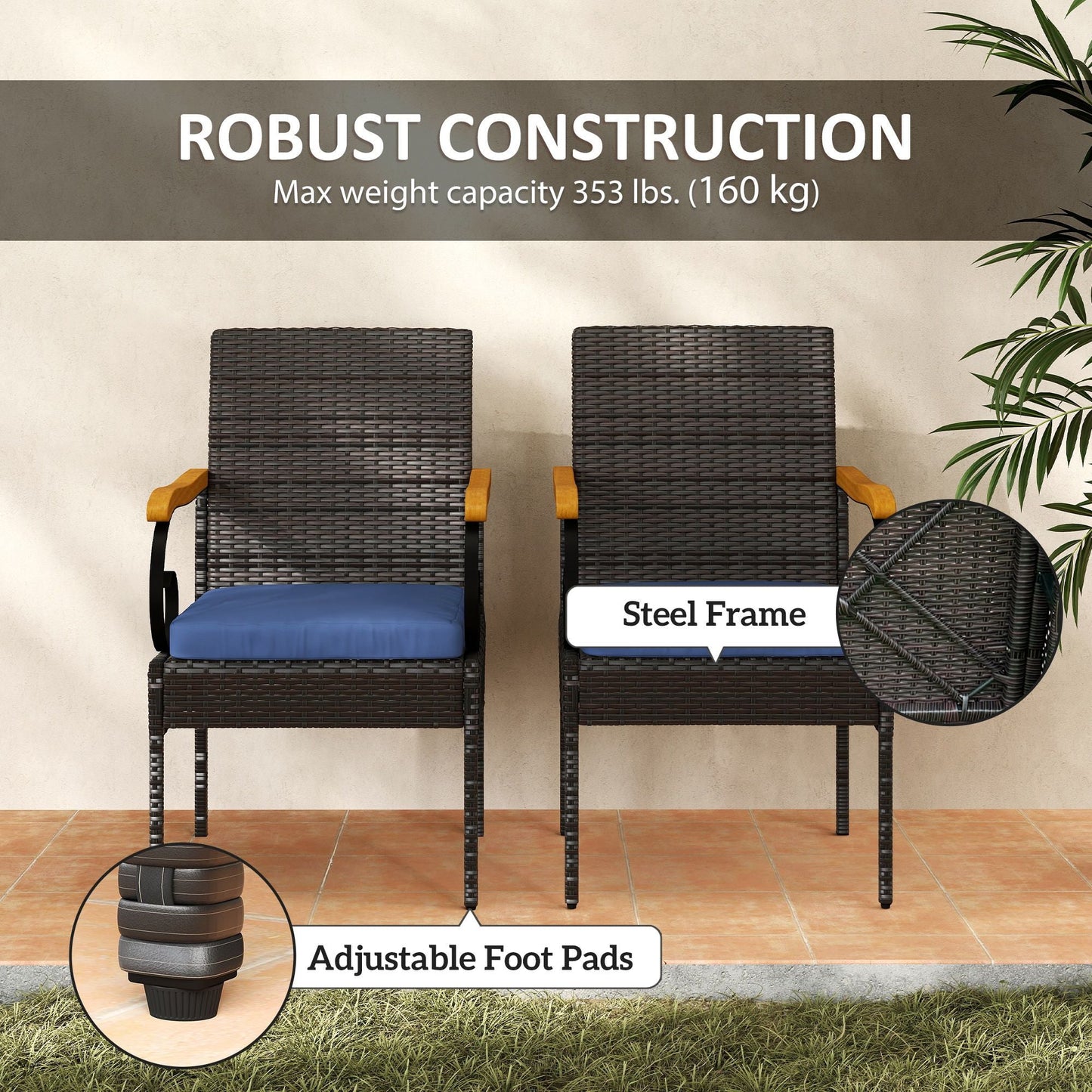 Set of 2 Rattan Outdoor Dining Chairs, Wicker Patio Chairs with Removable Cushion, Acacia Wood Armrests, Navy Blue