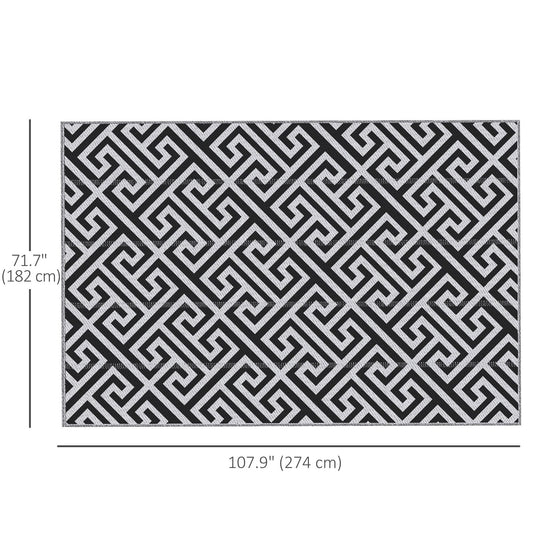 Reversible Outdoor RV Rug, Patio Floor Mat, 6' x 9' Plastic Straw Rug for Backyard, Deck, Beach, Camping, Black & White