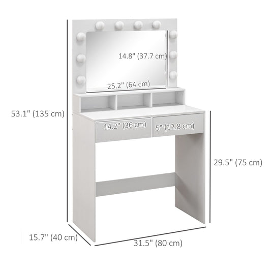 Vanity Table, Makeup Dressing Table with LED Lighting Mirror, Drawers, for Bedroom, White