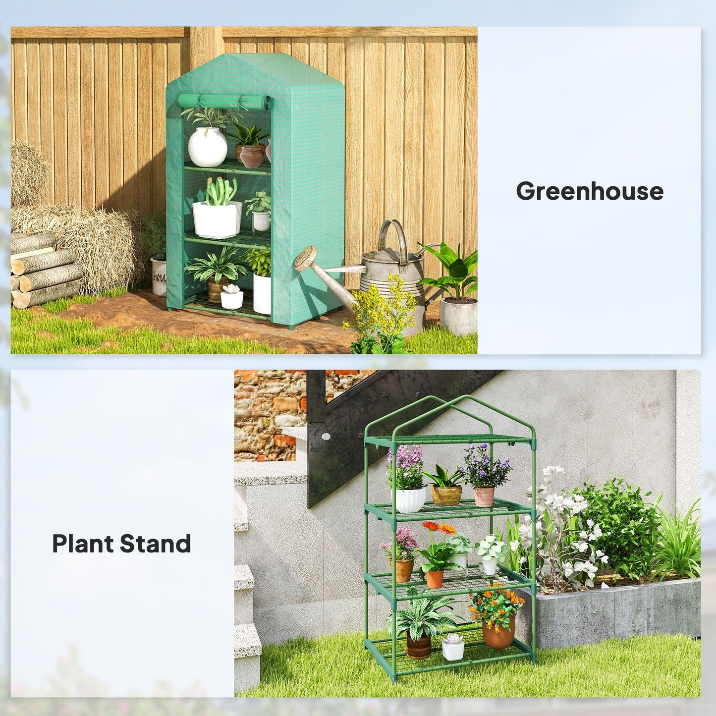 3 Tier Mini Greenhouse, Portable Flower Stand with Shelf Clips, Indoor Greenhouse with Steel Frame, Green