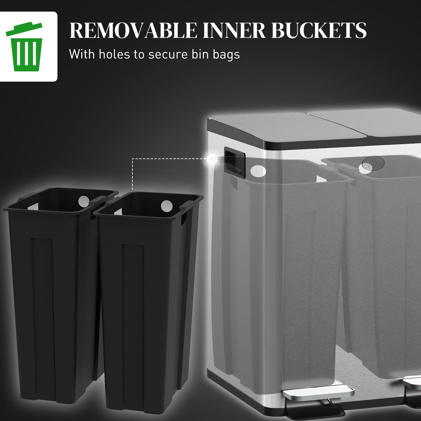 Dual Garbage Bin, Soft-Close Trash Can with Foot Pedal, 2 x 20 Liter Garbage Can with Removable Inner Buckets, Silver