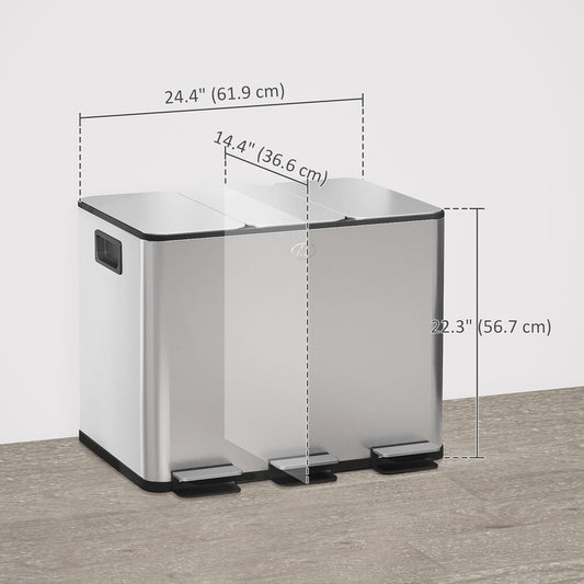 Triple Garbage Bin, Soft-Close Trash Can with Foot Pedal, 3 x 20 Liter Garbage Can with Removable Inner Buckets, Silver