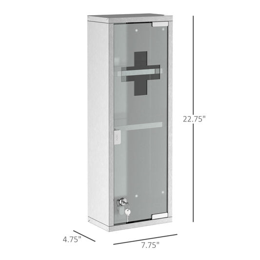 Wall Mount Medicine Cabinet, Bathroom Cabinet with 3 Tier Shelves, Stainless Steel Frame and Glass Door, Lockable with 2 Keys, Silver, 8" x 23"